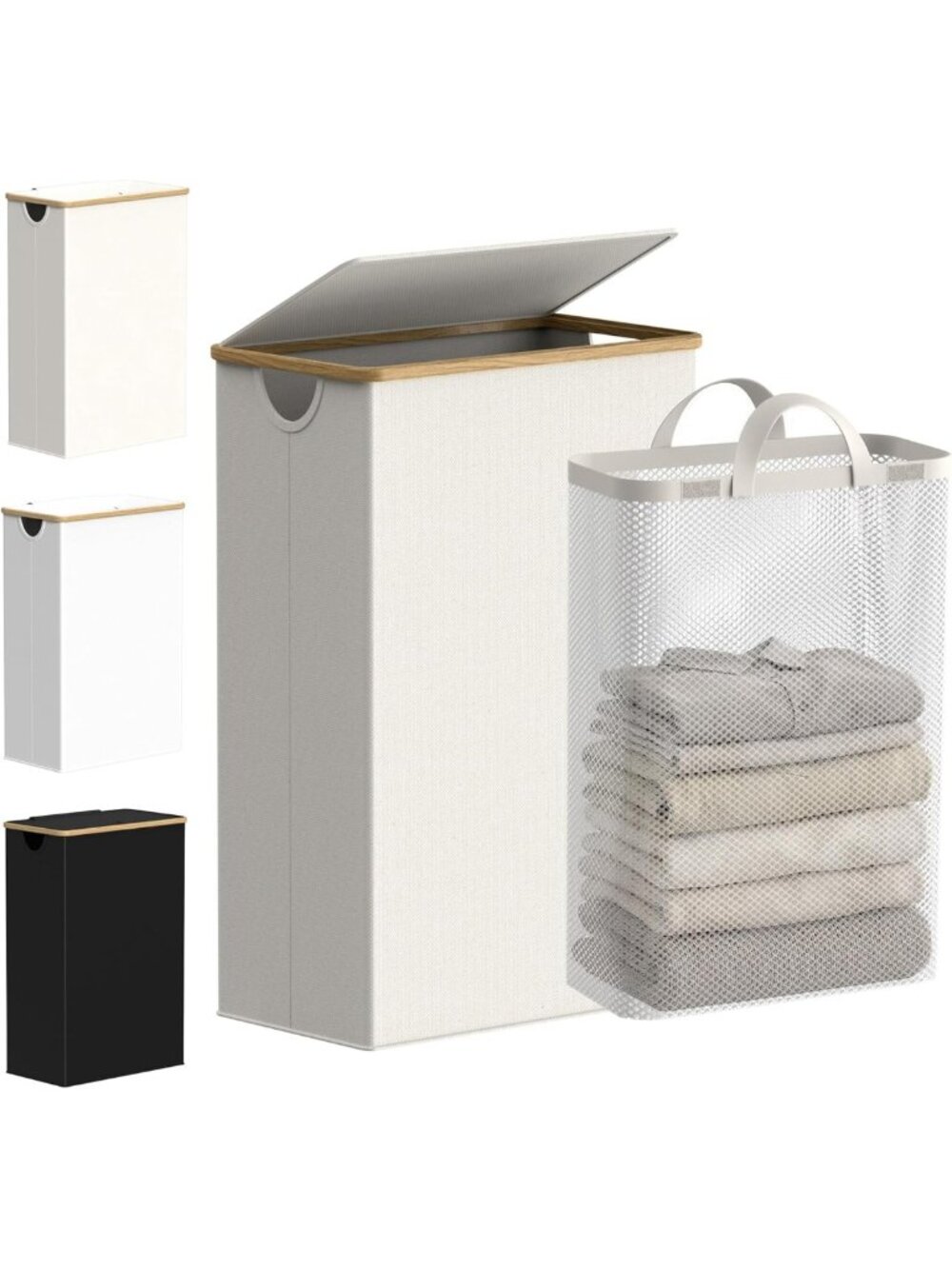 Slim Laundry Basket with Lid, Narrow Hamper with Removable Bag & Bamboo Handles